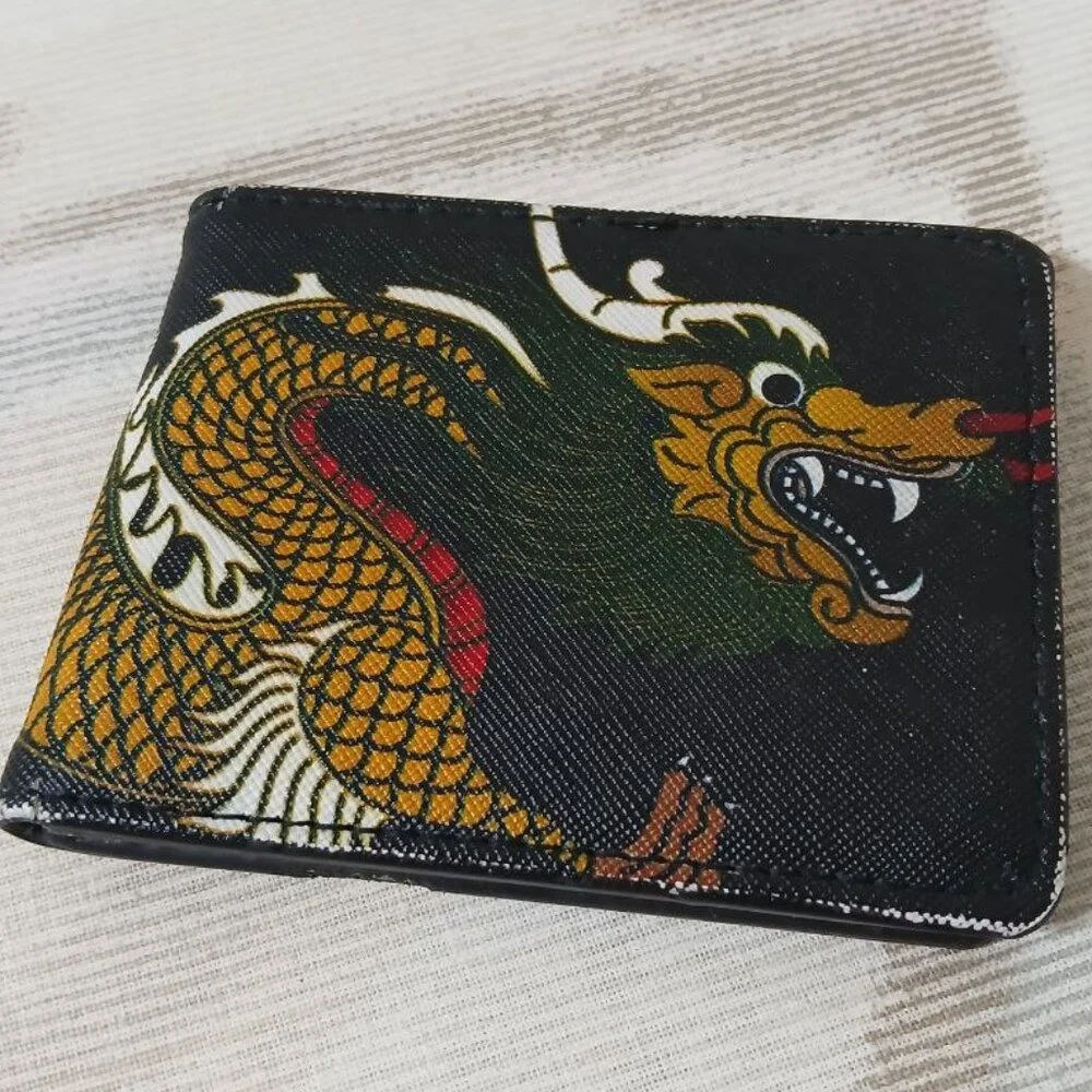 Buckle-Down Genuine Leather Wallet/Card Holder Black with Dragon Print